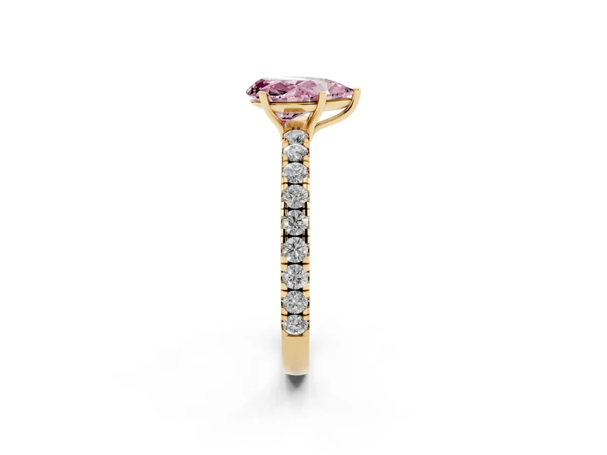 Fancy Pink Pear Cut Diamond Pavé Solitaire Engagement Ring with Four-Prong Setting Yellow gold