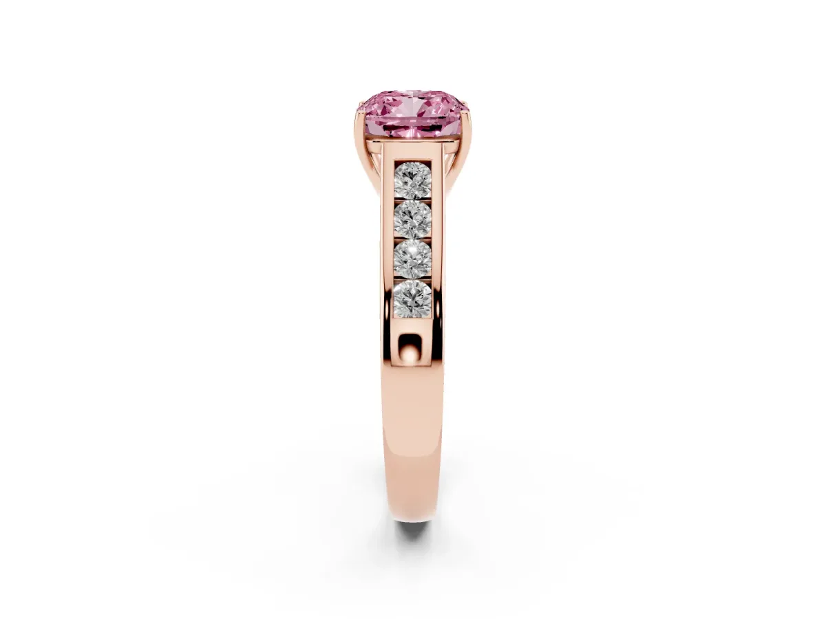 Fancy Pink Cushion Cut Solitaire Channel-Set Diamond Engagement Ring with Four-Prong Setting Rose gold