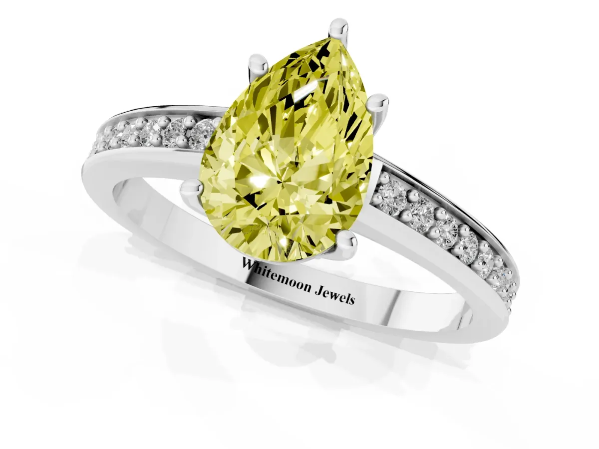 Fancy Yellow Pear Cut Solitaire Pavé Band Prong Setting Ring Silver