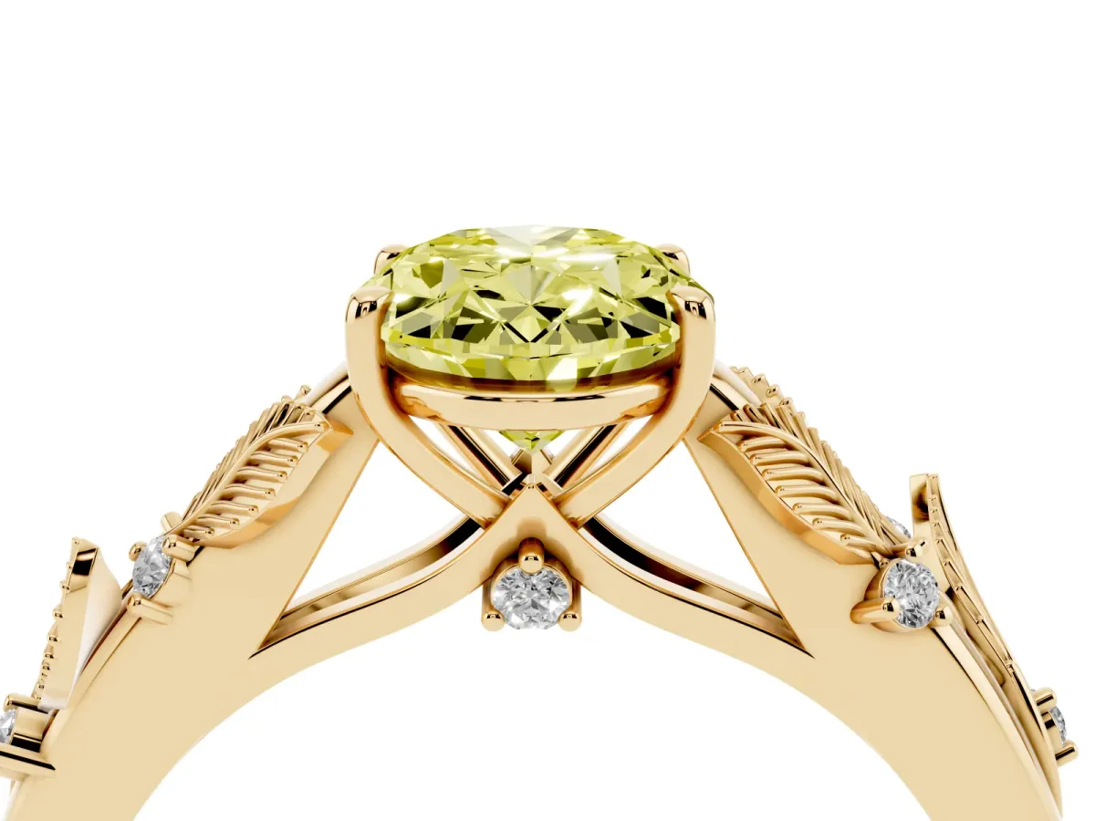 Fancy Yellow Oval Cut Diamond Solitaire Ring with Leaf Motif Band and Four-Prong Setting Yellow gold