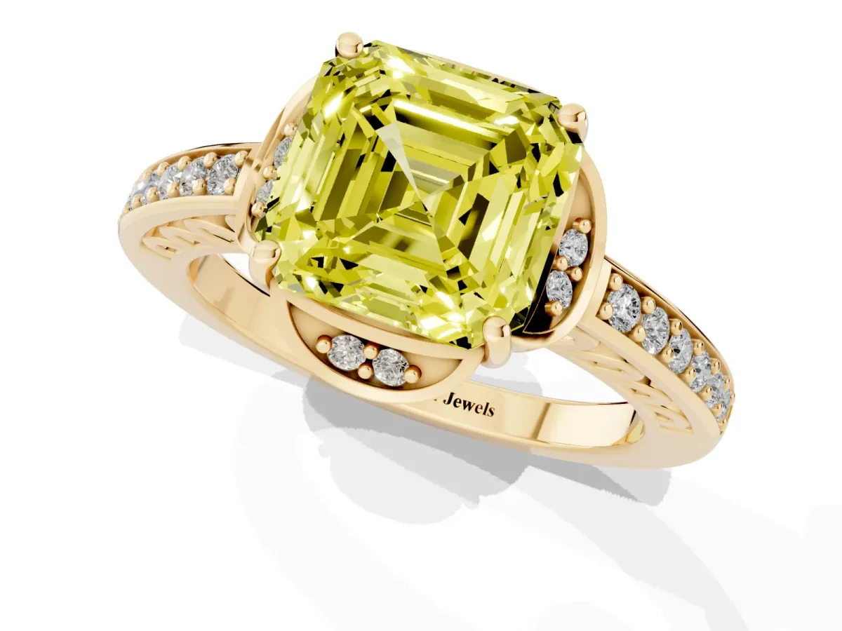 Fancy Yellow Asscher Cut Cut Halo Diamond Ring with Channel Set Band and Four-Prong Setting Yellow gold
