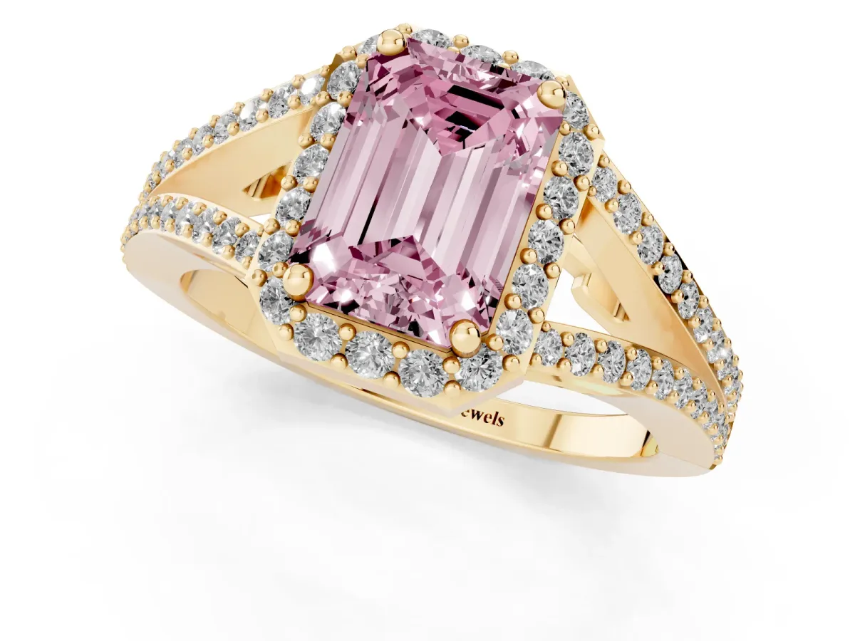 Fancy Pink Emerald Cut Halo Split Shank Diamond Ring with Prong Setting Yellow gold