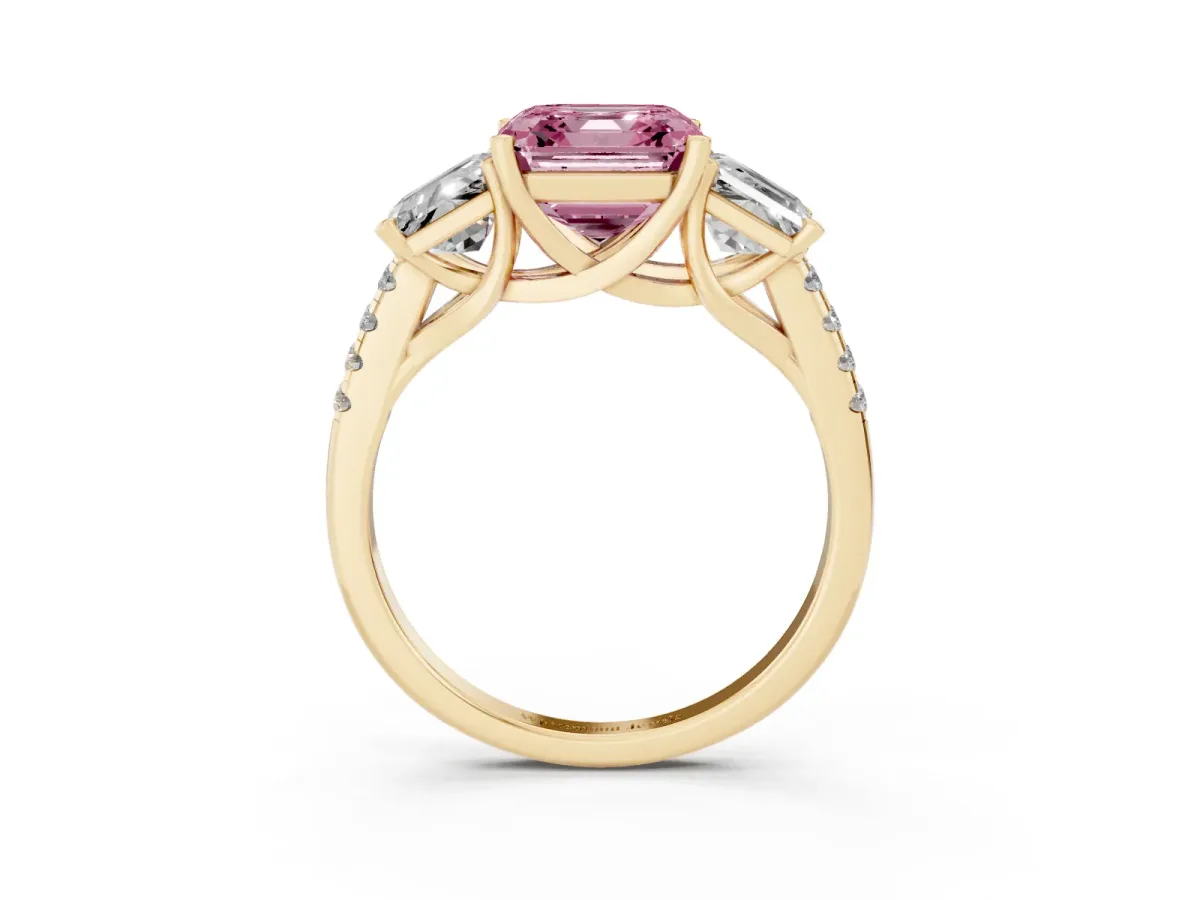 Fancy Pink Three-Stone Asscher Cut Diamond Ring with Round Pavé Band and Prong Setting Yellow gold