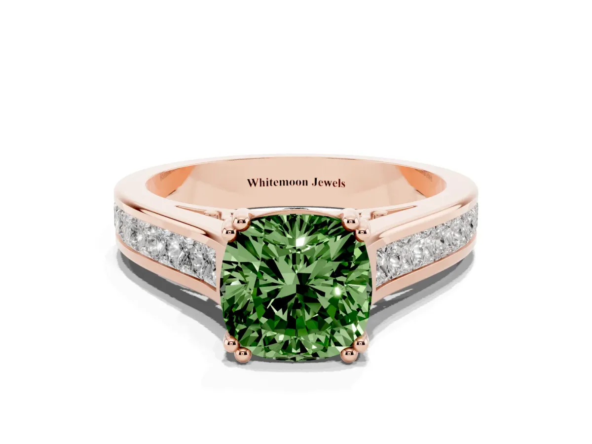 Fancy Green Cushion Cut Cut Channel Set Solitaire Engagement Ring with Prong Setting Rose gold