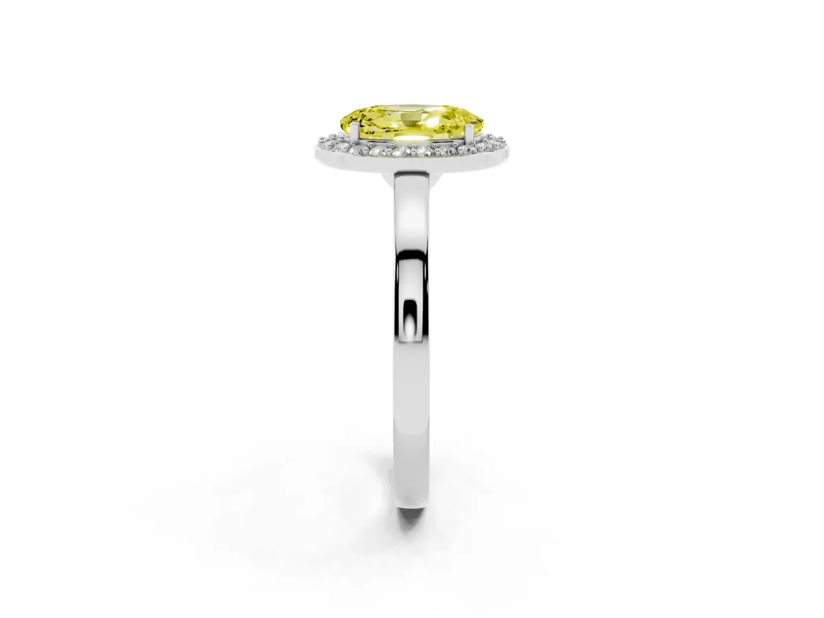 Fancy Yellow Oval Cut Halo Diamond Ring with Solitaire Band and Prong Setting Silver