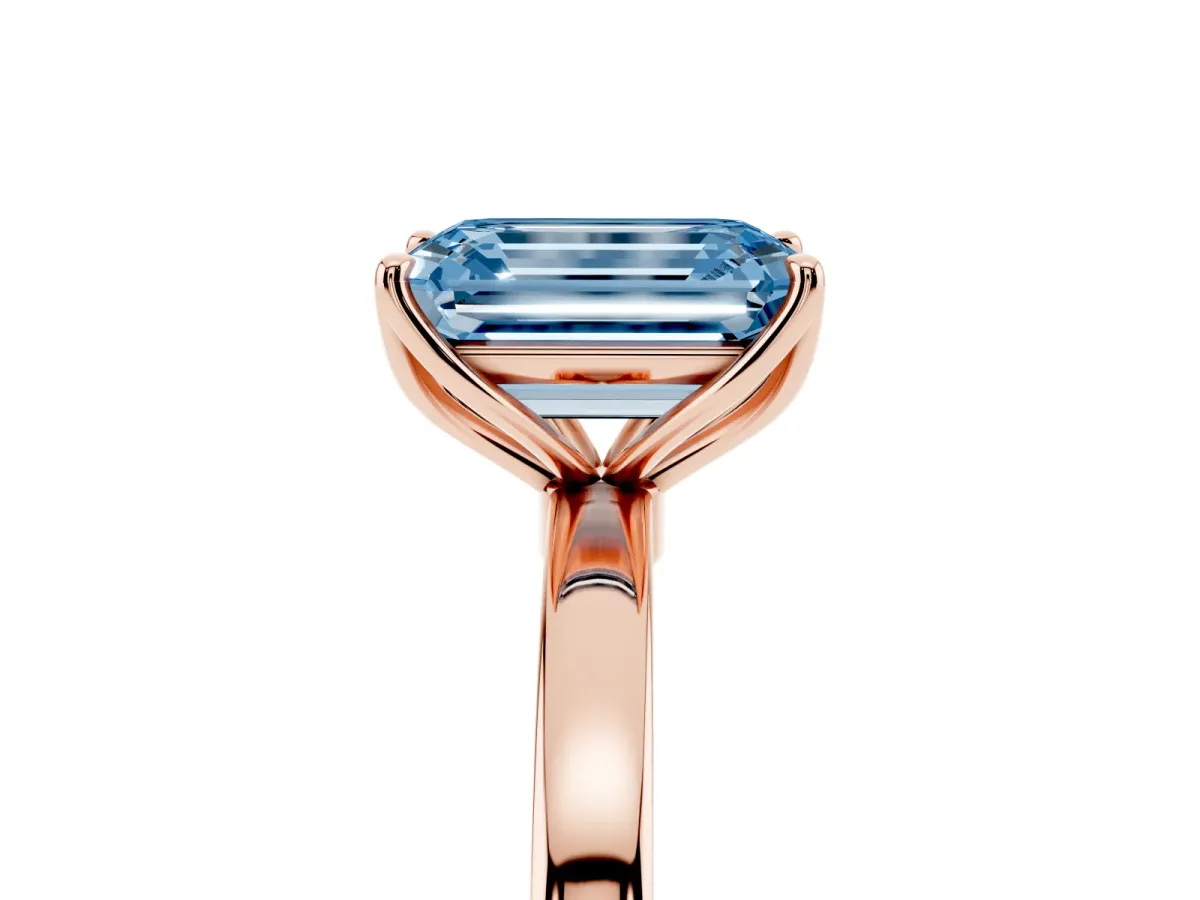Fancy Blue Emerald Cut Diamond Solitaire Ring with Thin Band and Prong Setting Rose gold