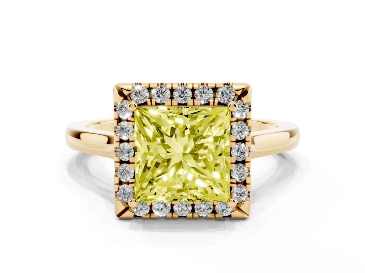 Fancy Yellow Princess Cut Halo Round Diamond Solitaire Ring with Pavé Band and Four-Prong Setting Yellow gold