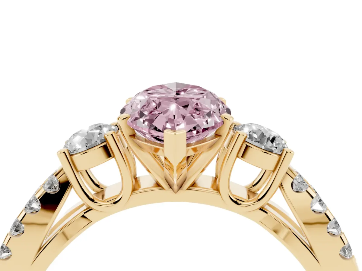 Fancy Pink Marquise Cut Diamond Three-Stone Ring with Pavé Split Shank and Four-Prong Setting Yellow gold