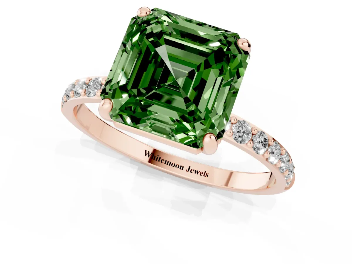 Fancy Green Asscher Cut Diamond Solitaire Ring with Round Pavé Band and Prong Setting Rose gold