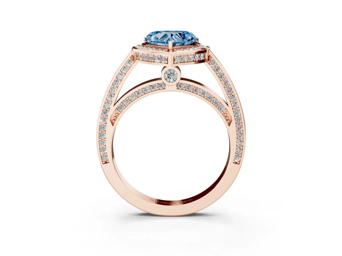 Fancy Blue Heart Cut Cut Halo Pave Split Shank Prong Setting Ring Rose gold