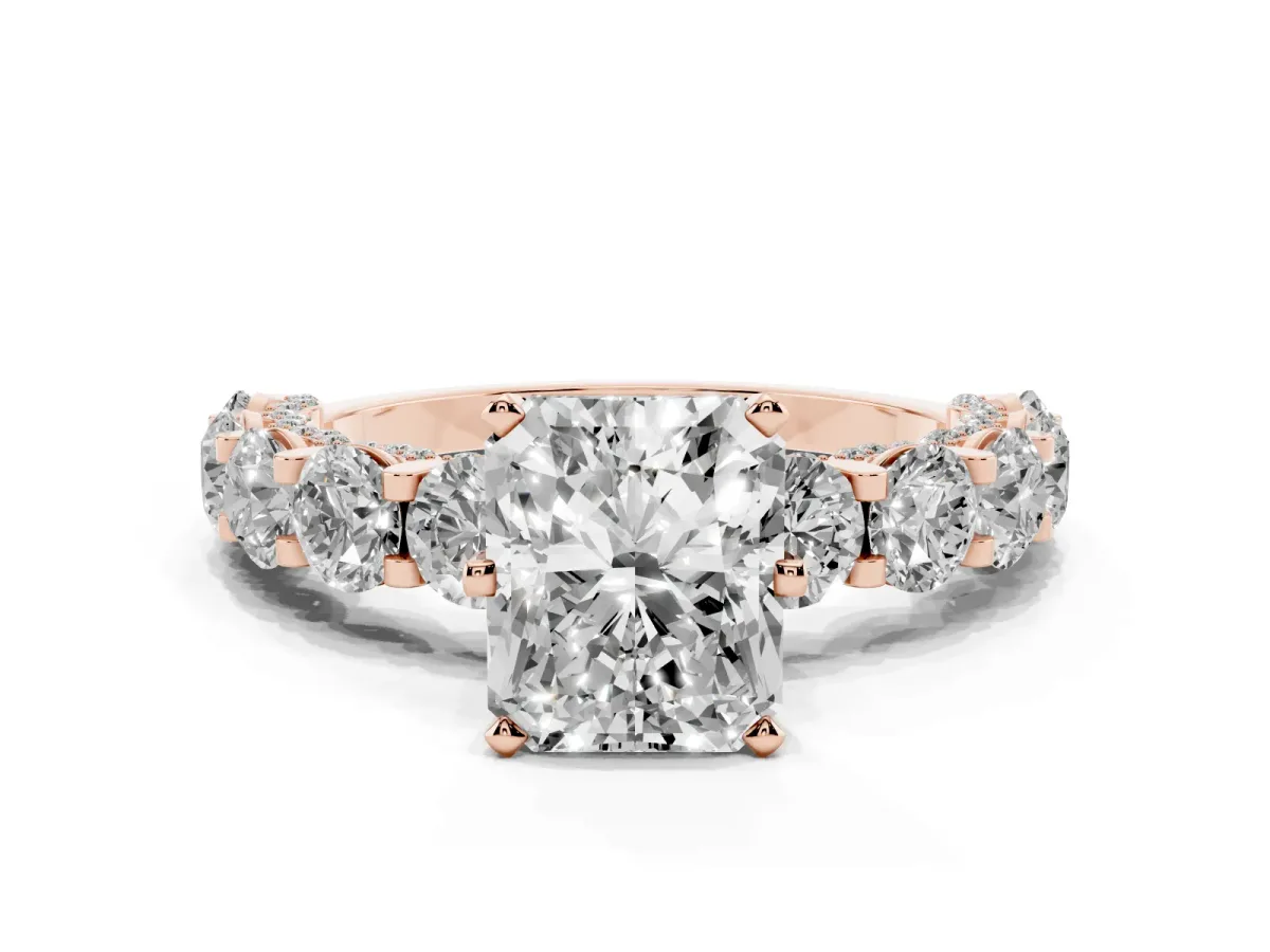 Radiant Cut Diamond Side Stone Engagement Ring with Four-Prong Setting Rose gold