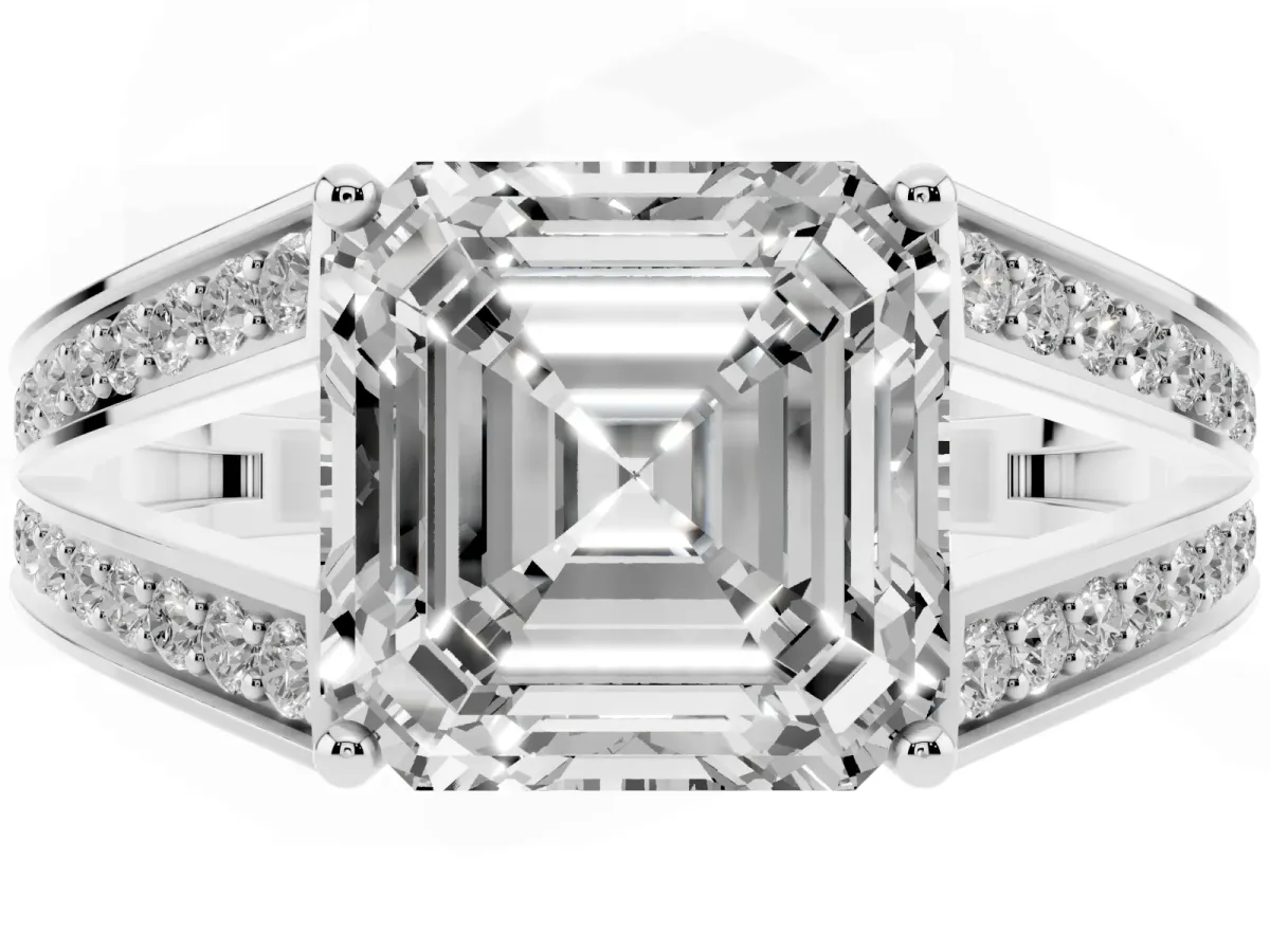 Asscher Cut Diamond Split Shank Ring with Pavé Band and Four-Prong Setting White gold