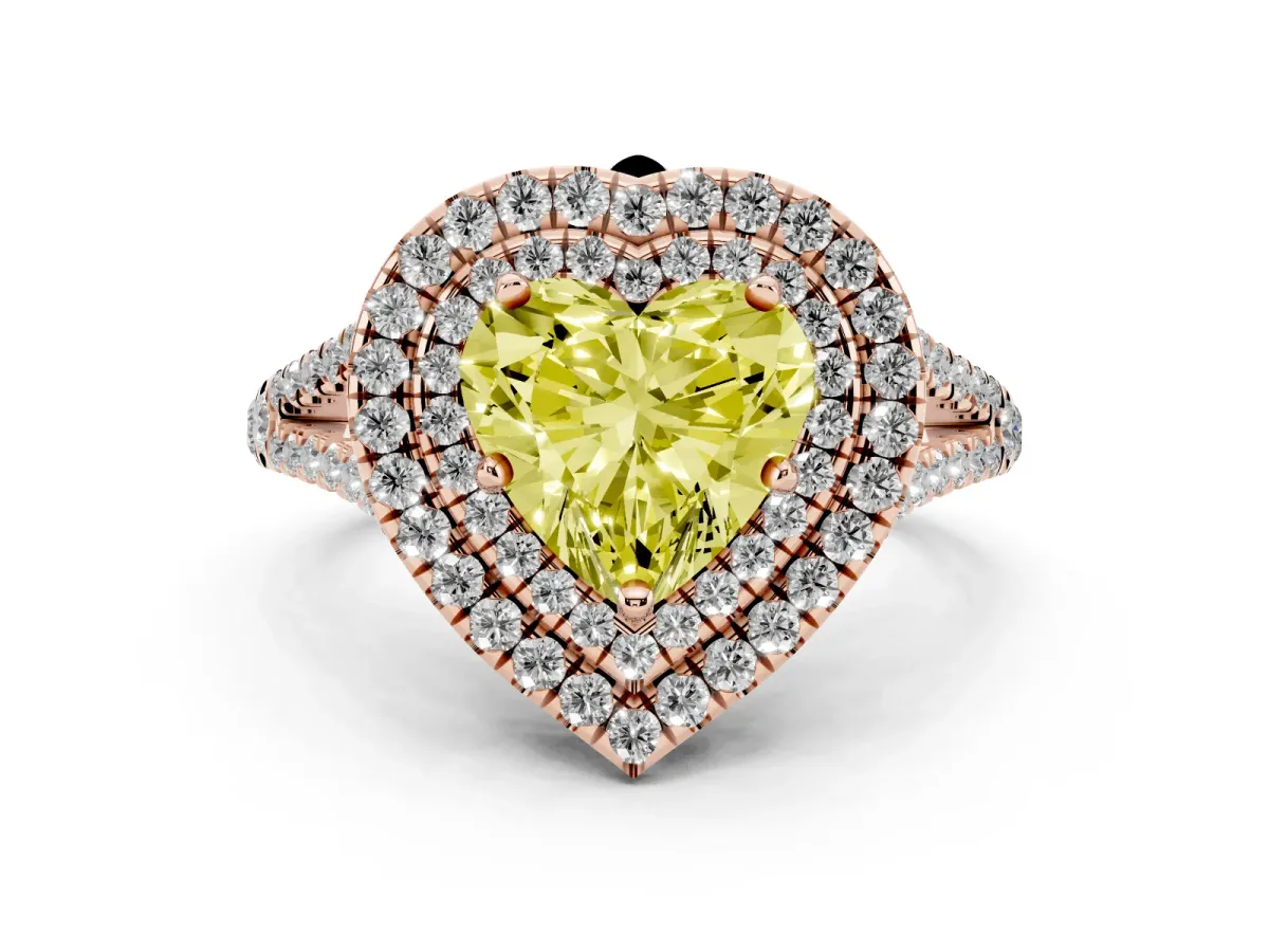 Fancy Yellow Heart Cut Diamond Double Halo Ring with Pavé Band and Prong Setting Rose gold