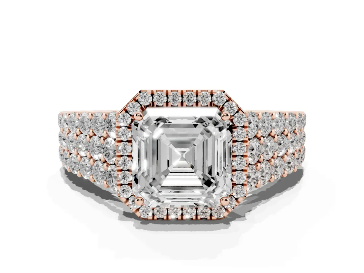 Asscher Cut Diamond Halo Engagement Ring with Triple Row Round Pavé Band and Prong Setting Rose gold
