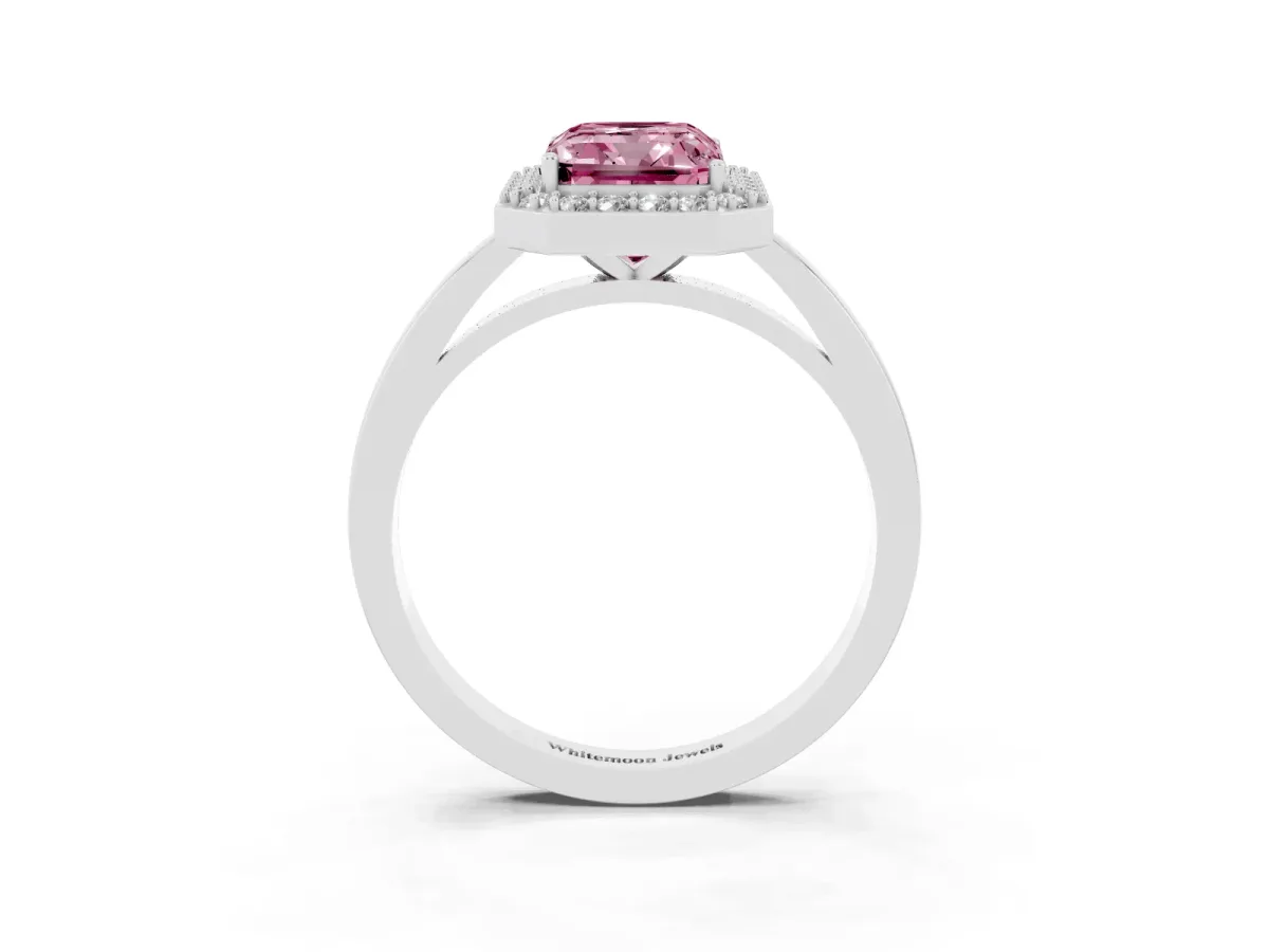 Fancy Pink Radiant Cut Halo Diamond Ring with Solitaire Band and Prong Setting Platinum