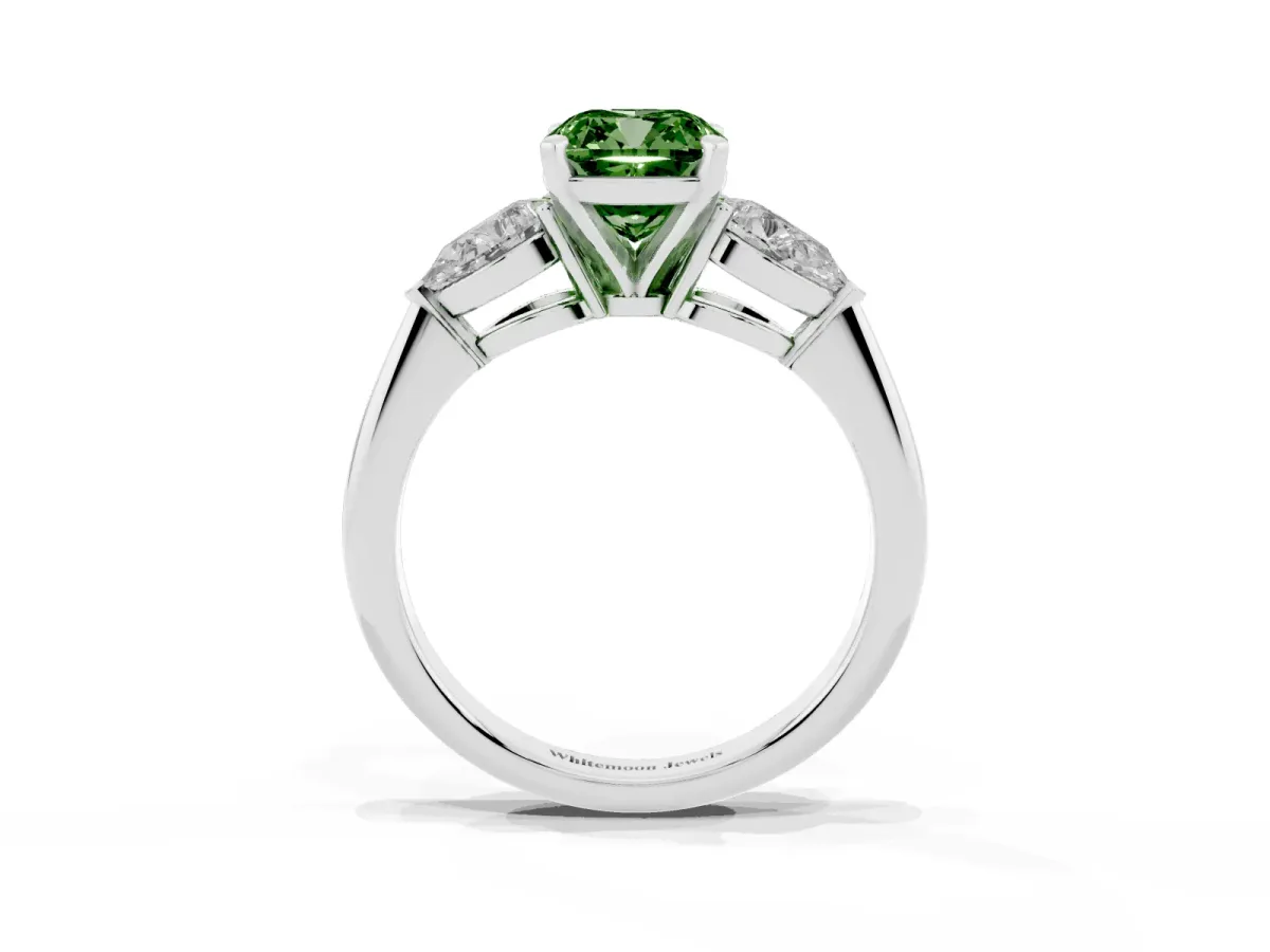Fancy Green Three-Stone Cushion Cut Diamond Ring with Pear Side Stones and Four-Prong Setting Silver