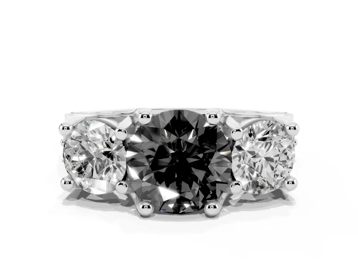 Fancy Black Round Cut Diamond Three-Stone Ring with Channel Set Band and Four-Prong Setting Silver