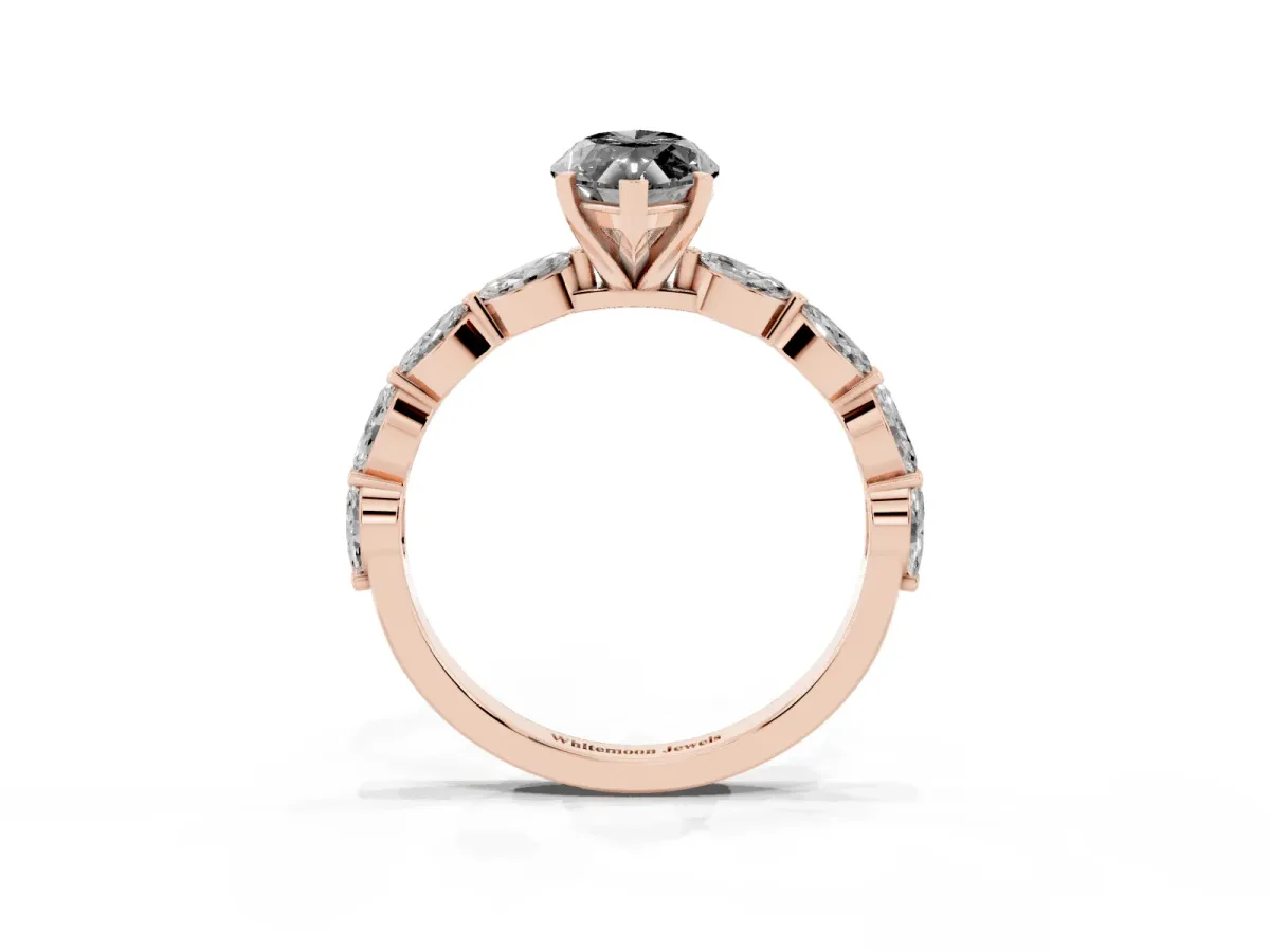 Fancy Black Marquise Cut Diamond Ring with Marquise Side Stones and Prong Setting Rose gold