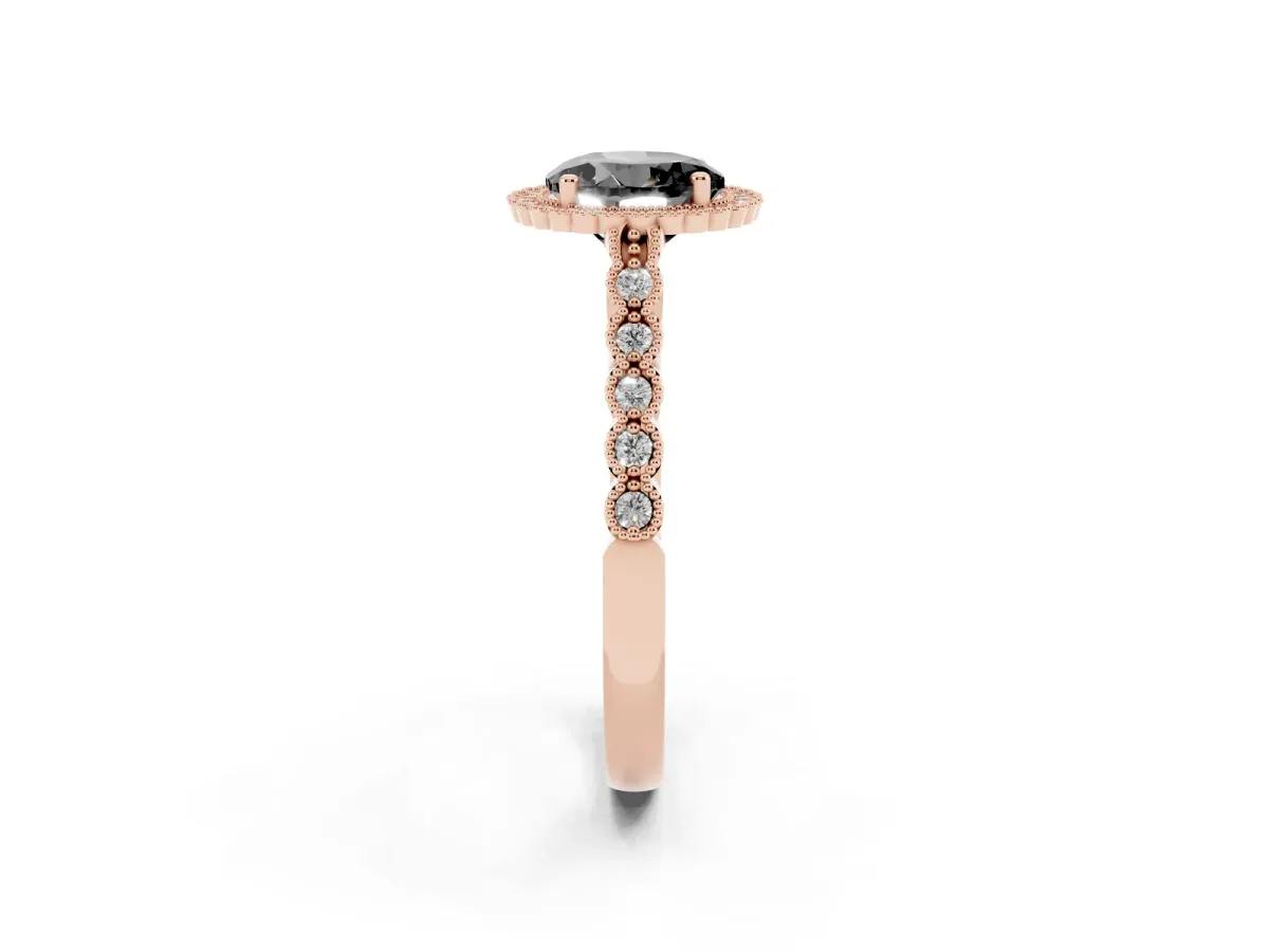 Fancy Black Round Cut Cut Halo Pavé Solitaire Ring with Milgrain Band Rose gold