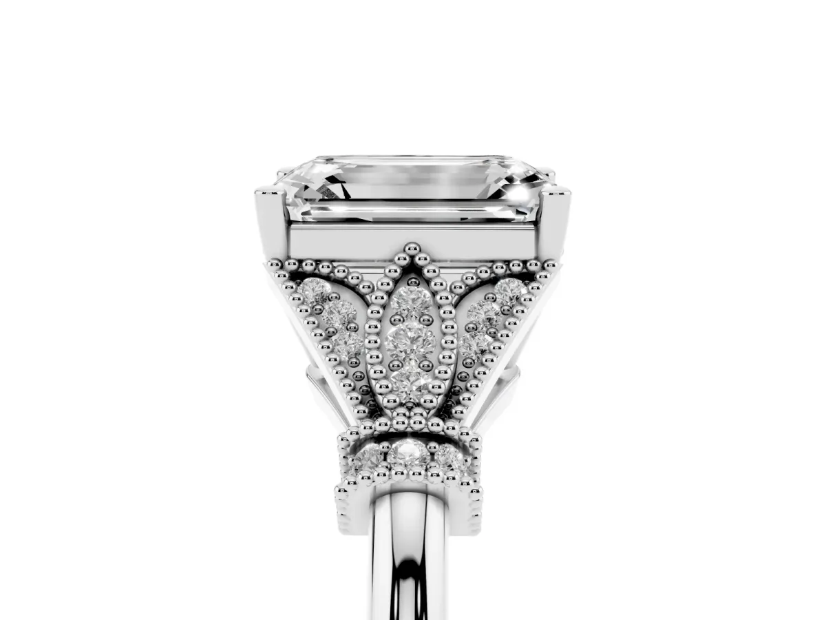 Emerald Cut Diamond Solitaire Ring with Floral Filigree and Pave Accents Silver