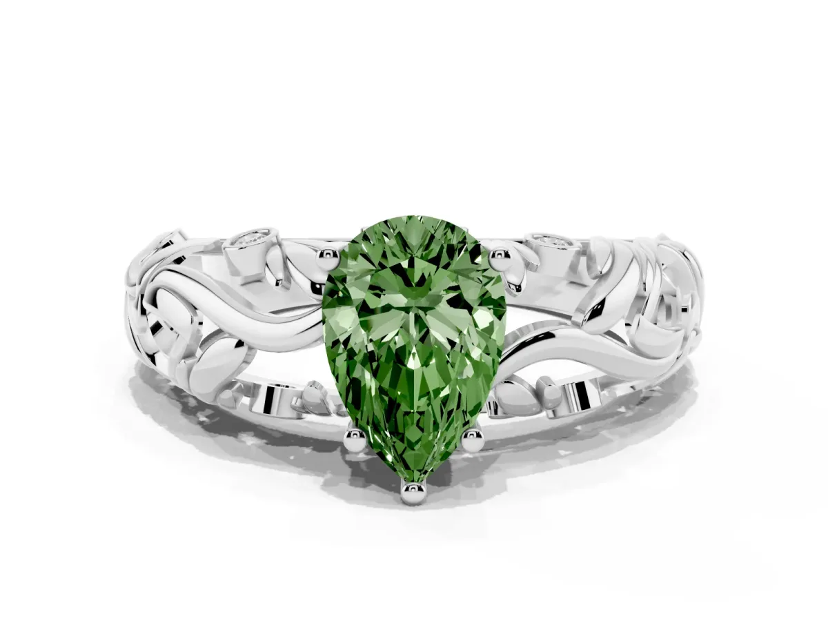Fancy Green Pear Cut Solitaire Diamond Leaf-Inspired Vine Band Ring with Prong Setting Silver