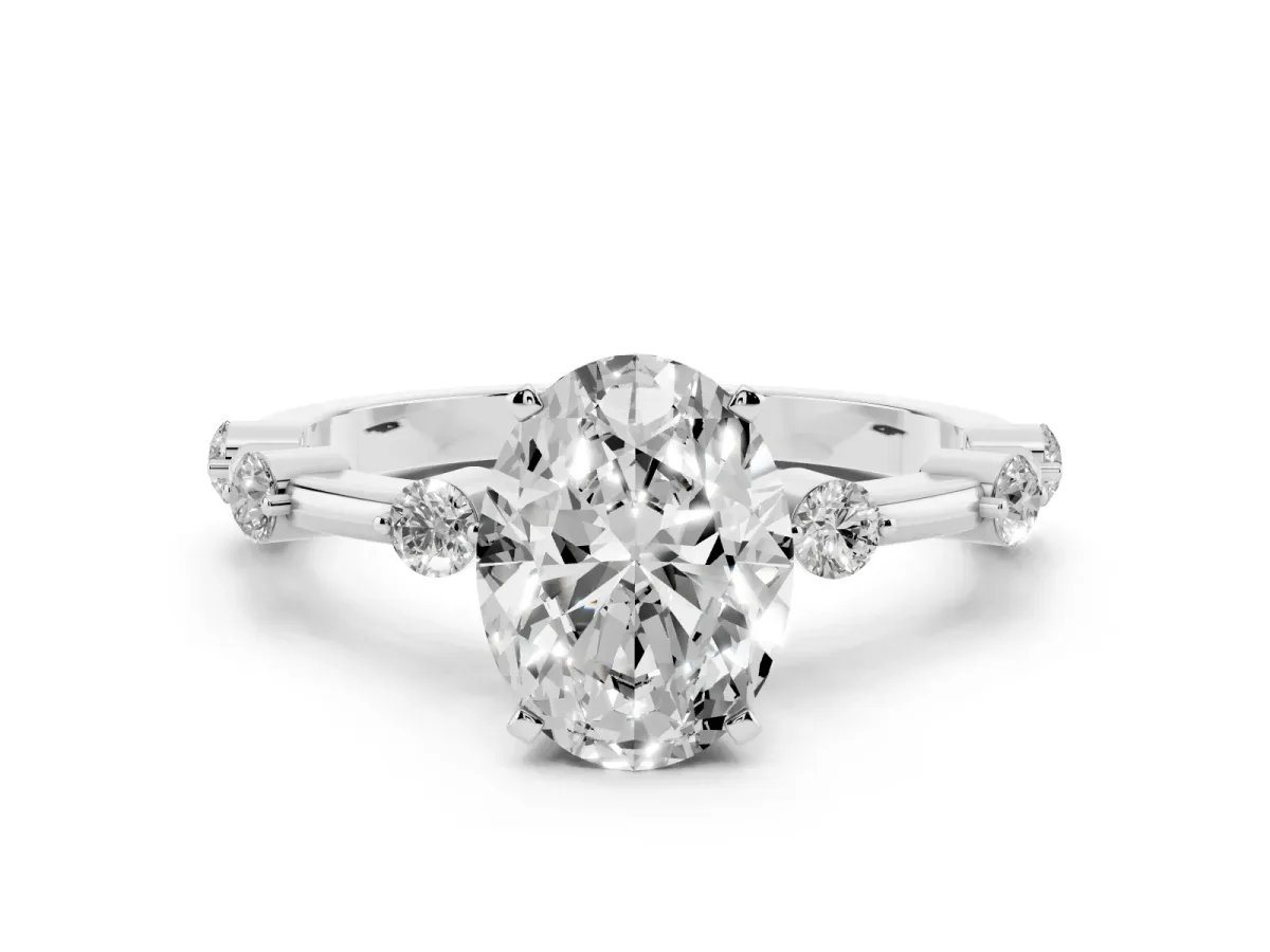 Oval Cut Solitaire Diamond Ring with Bezel Set Side Stones and Prong Setting Platinum