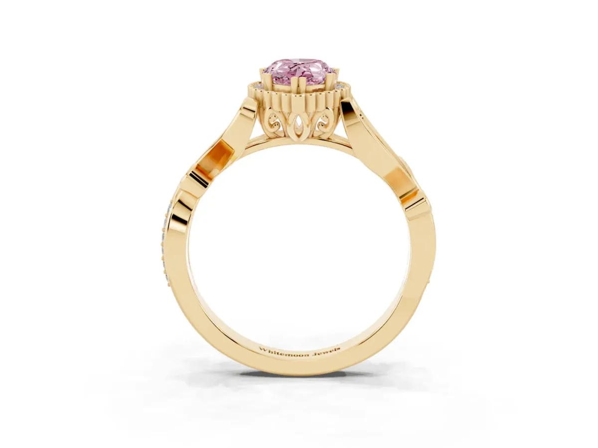 Fancy Pink Pear Cut Diamond Halo Ring with Vintage Split Shank and Four-Prong Setting Yellow gold