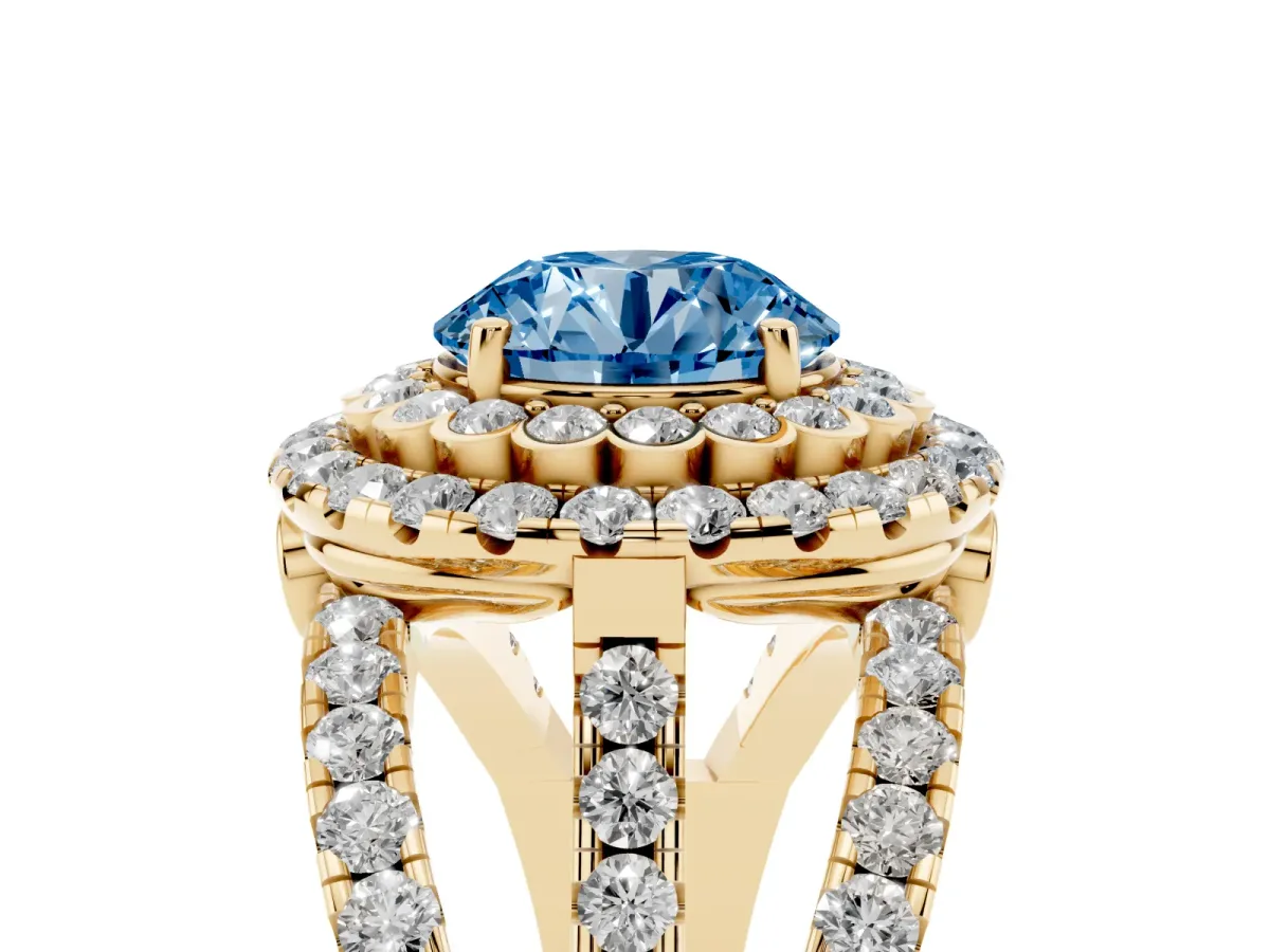 Fancy Blue Round Cut Diamond Double Halo Ring with Round Pavé Split Shank and Prong Setting Yellow gold