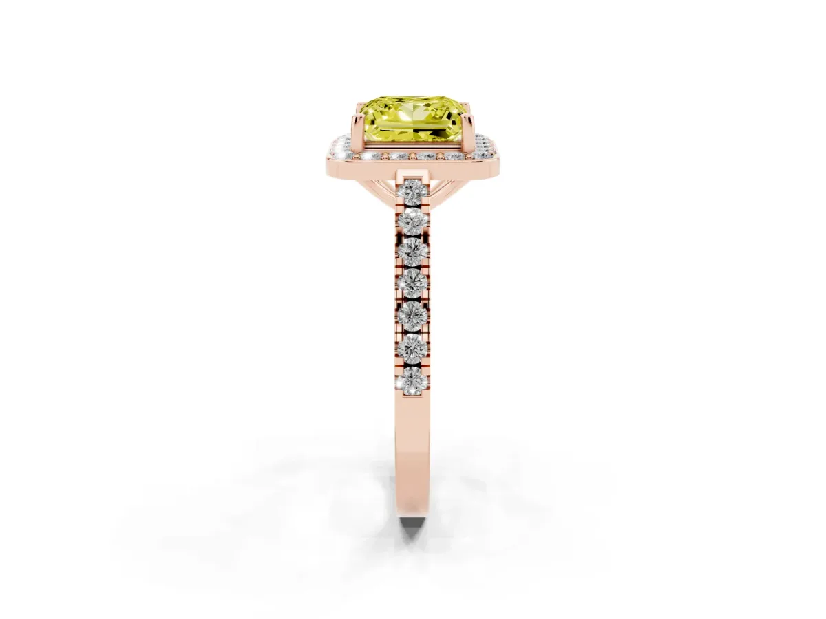 Fancy Yellow Princess Cut Diamond Halo Ring with Round Pavé Split Shank and Prong Setting Rose gold