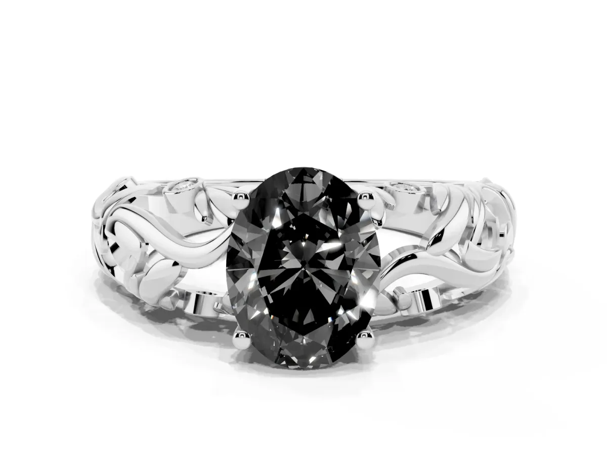 Fancy Black Oval Cut Solitaire Diamond Leaf-Inspired Vine Band Ring with Prong Setting Platinum
