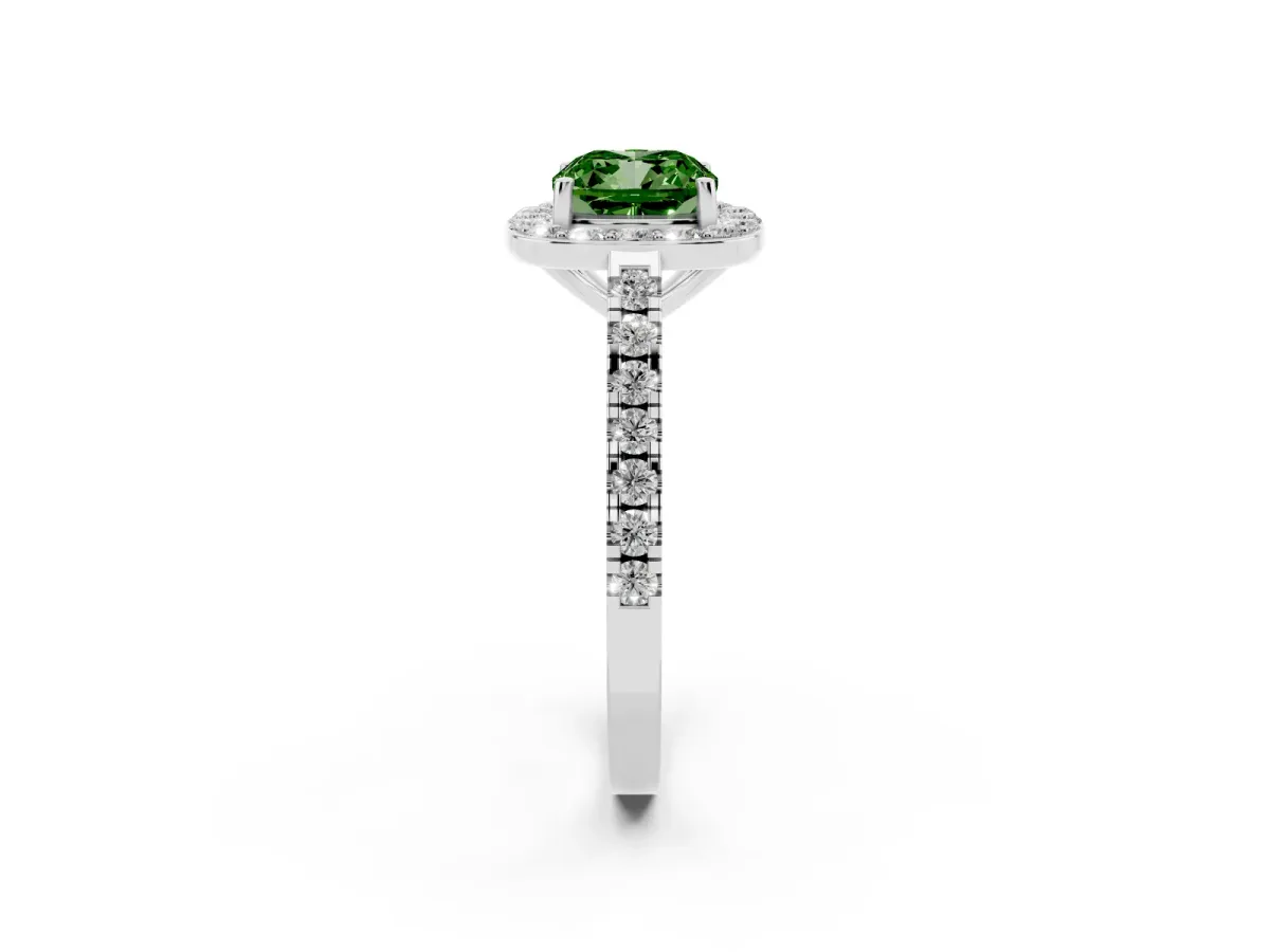 Fancy Green Cushion Cut Diamond Halo Ring with Round Pavé Split Shank and Prong Setting Silver