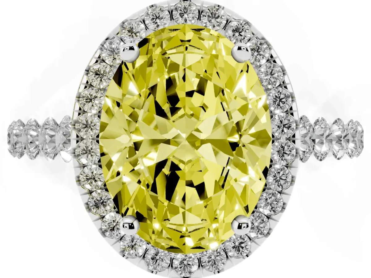 Fancy Yellow Oval Cut Halo Pavé Diamond Engagement Ring with Four-Prong Setting White gold