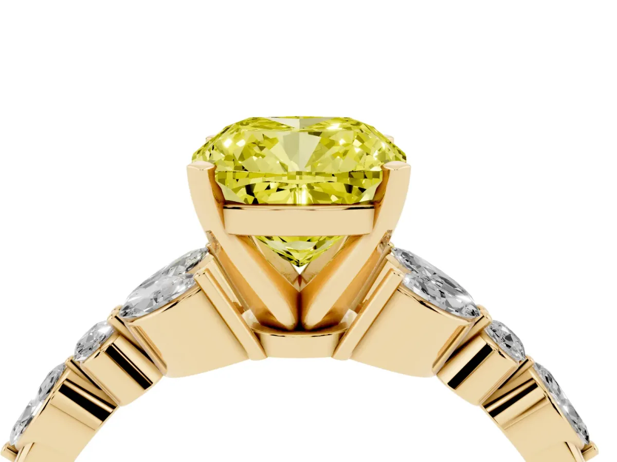 Fancy Yellow Cushion Cut Diamond Solitaire Ring with Side Stones and Four-Prong Setting Yellow gold