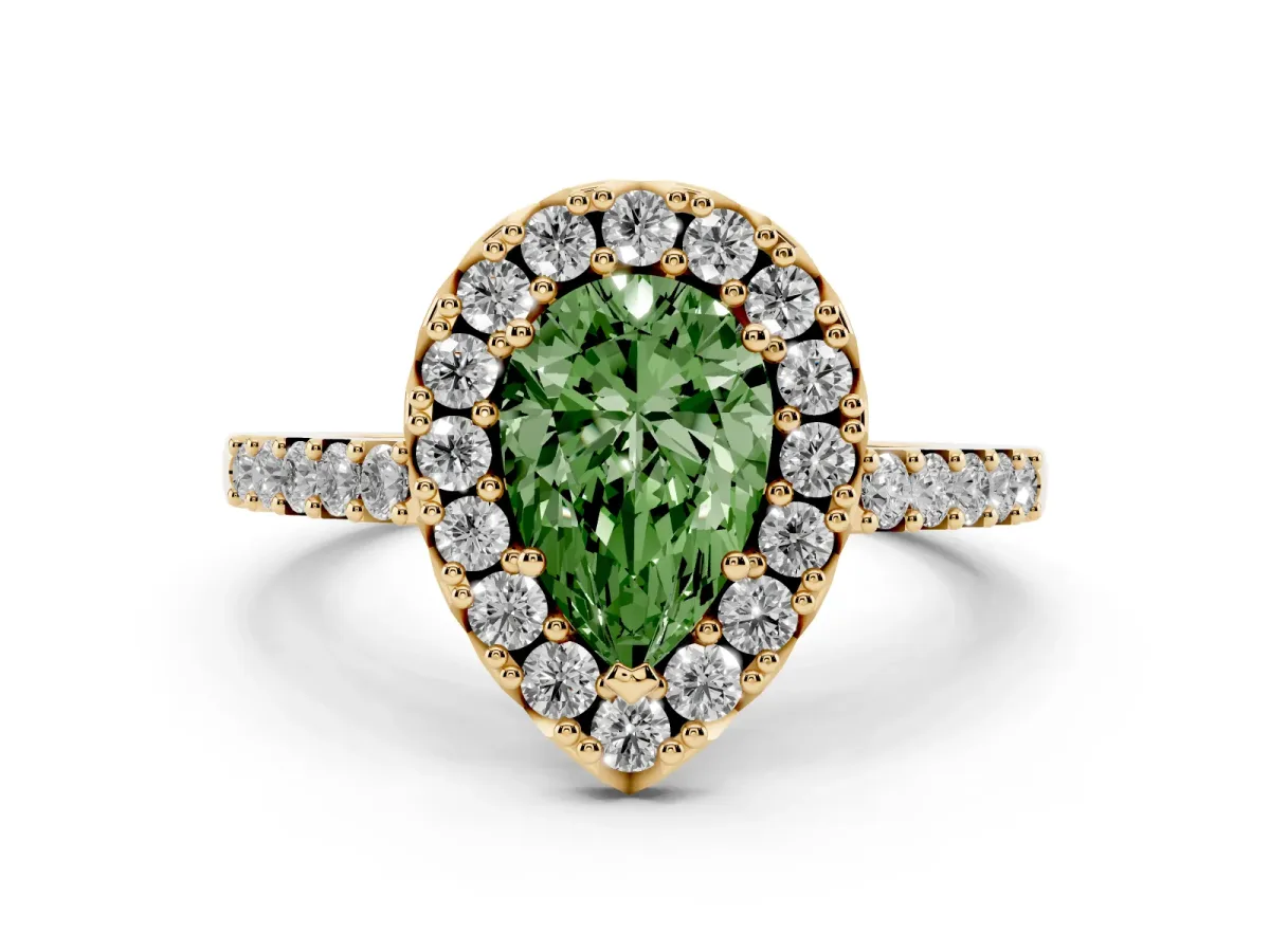 Fancy Green Pear Cut Halo Diamond Pavé Solitaire Ring Yellow gold