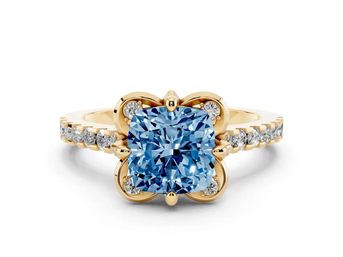 Fancy Blue Cushion Cut Diamond Ring with Pavé Band and Floral Prong Setting Yellow gold