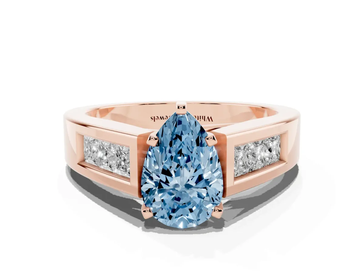 Fancy Blue Pear Cut Cut Channel Set Solitaire Ring with Four-Prong Setting Rose gold