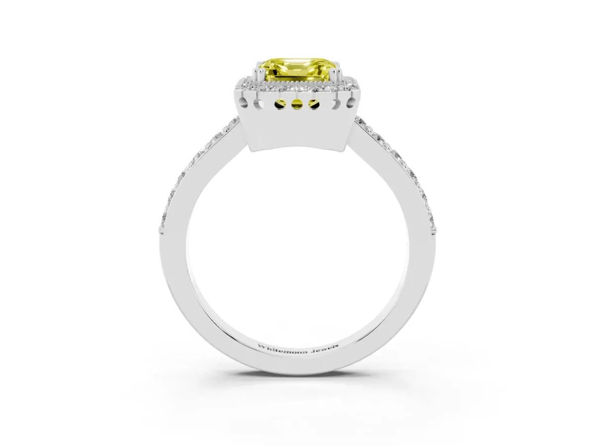 Fancy Yellow Asscher Cut Cut Diamond Halo Engagement Ring with Milgrain Detail and Pavé Band Silver
