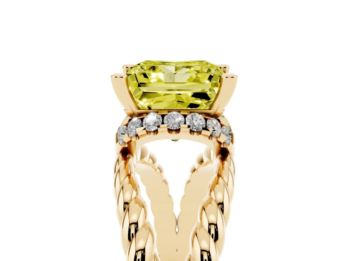 Fancy Yellow Princess Cut Halo Twisted Band Four-Prong Ring Yellow gold