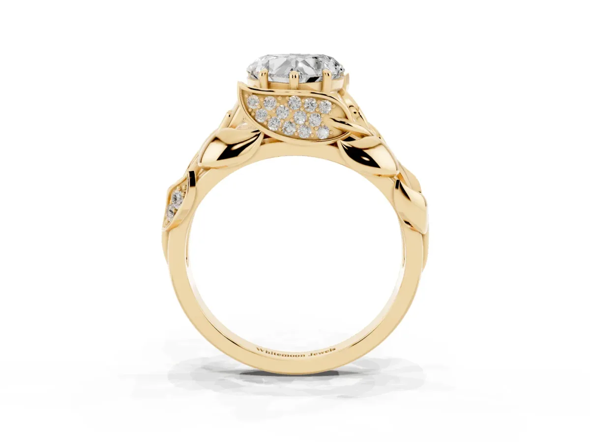 Heart Cut Diamond Leaf-Inspired Engagement Ring with Round Accents and Prong Setting Yellow gold