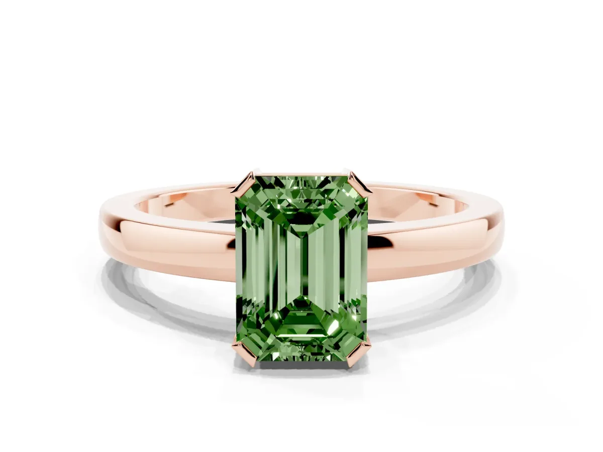 Fancy Green Emerald Cut Cut Solitaire Ring with Four-Prong Setting and Classic Band Rose gold