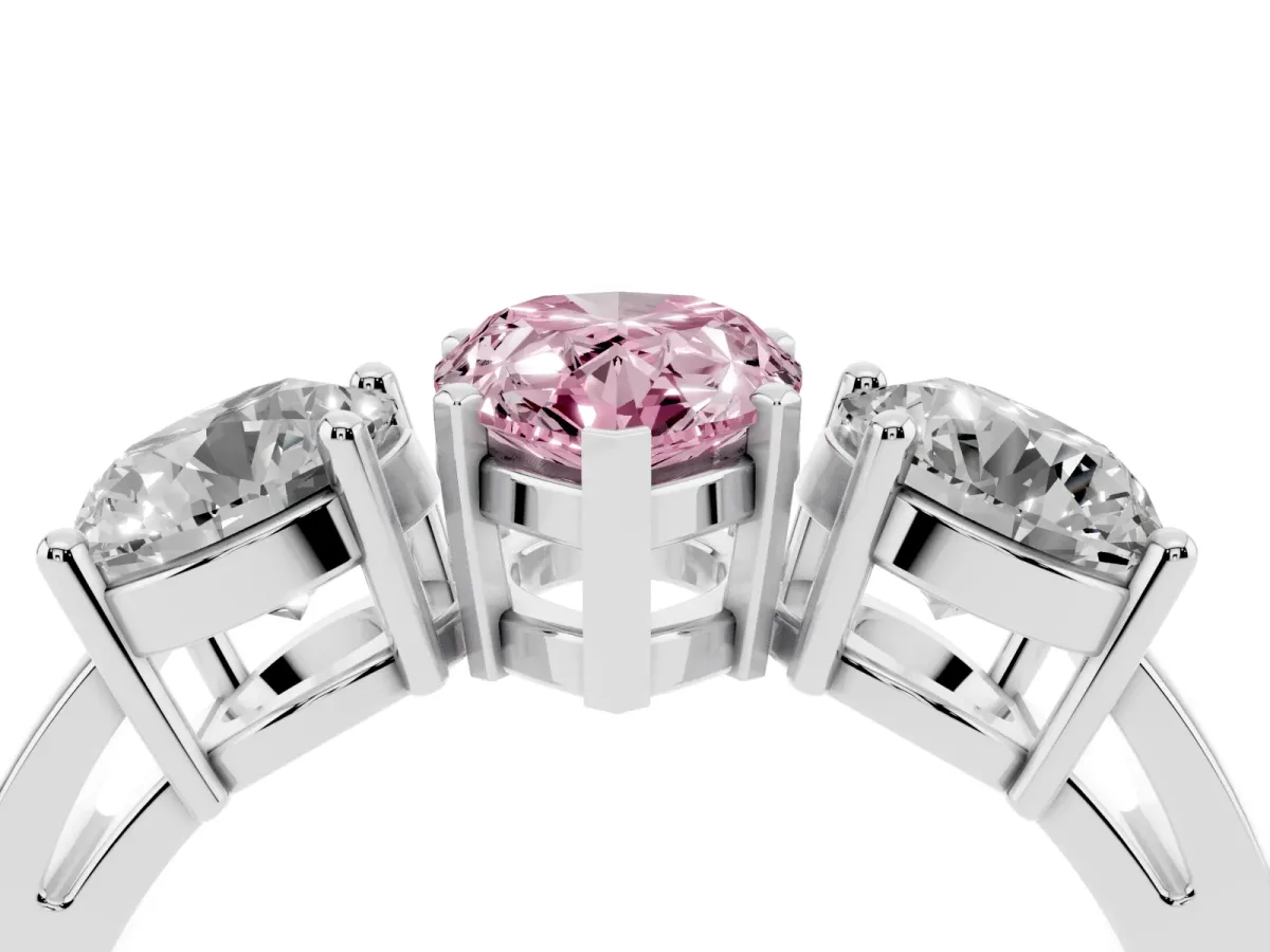 Fancy Pink Three-Stone Pear Cut Diamond Ring with Round Side Stones, Classic Band, and Four-Prong Setting Platinum