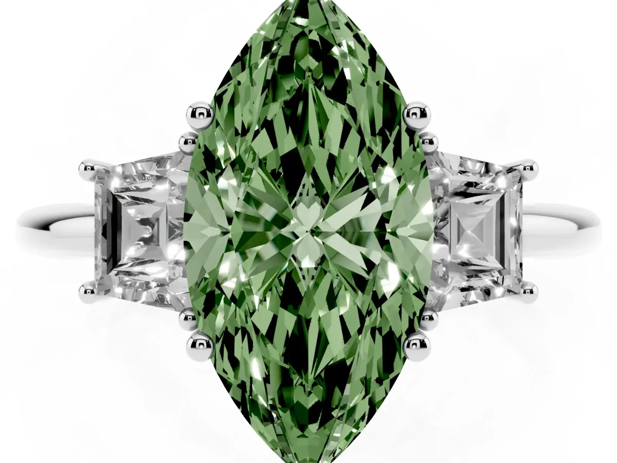 Fancy Green Marquise Cut Diamond Three-Stone Ring with Trapezoid Side Stones and Prong Setting Silver