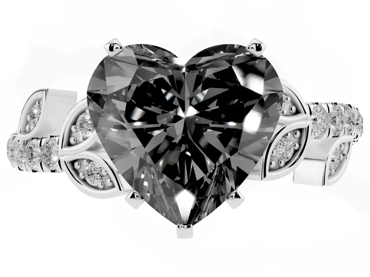 Fancy Black Heart Cut Solitaire Leaf-Inspired Diamond Ring with Pavé Band and Four-Prong Setting Silver