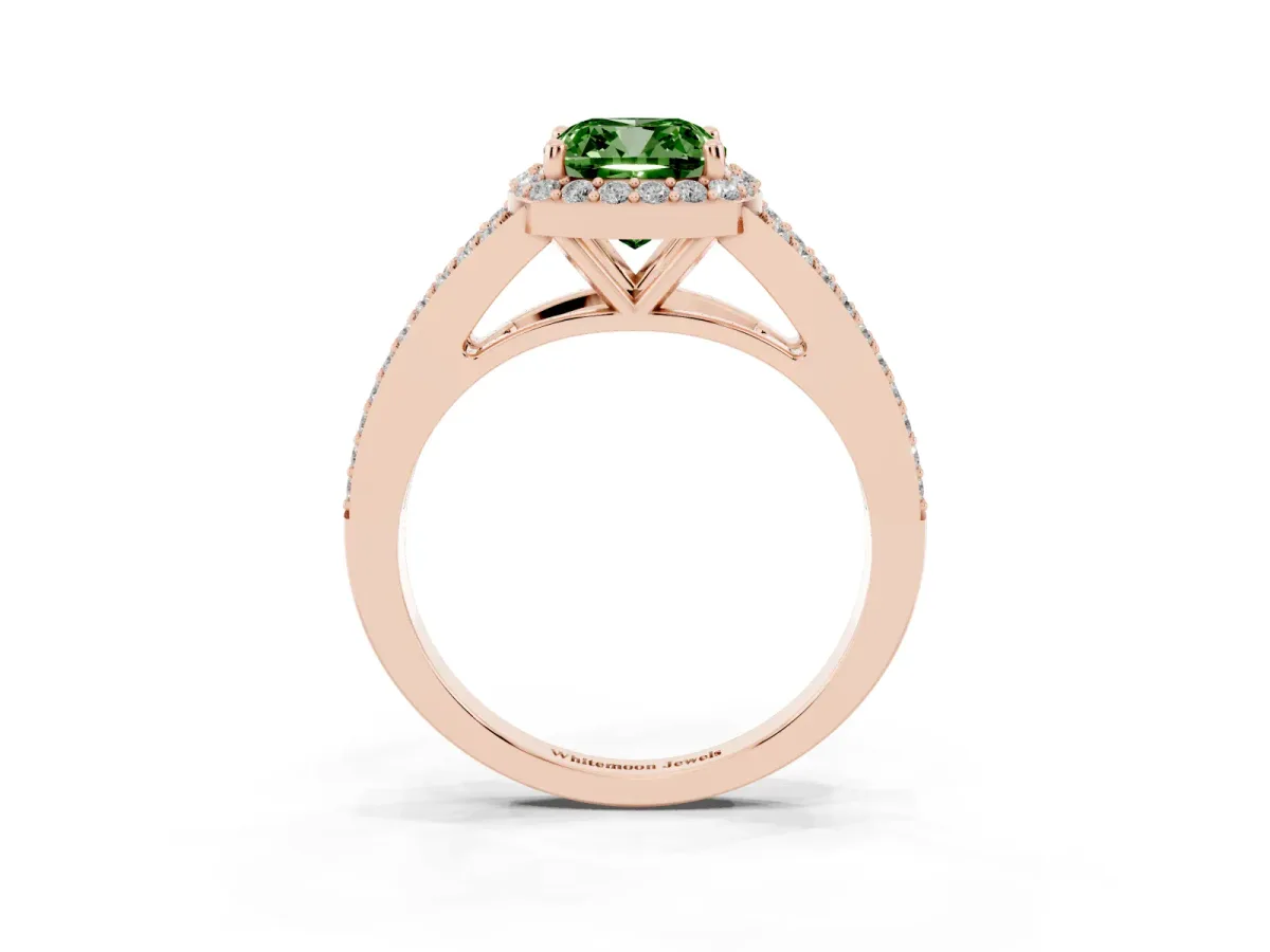 Fancy Green Cushion Cut Halo Split Shank Diamond Ring with Prong Setting Rose gold