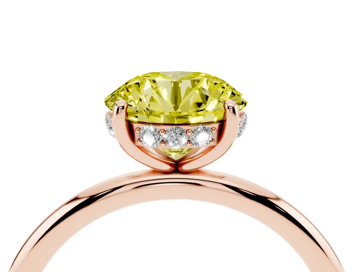 Fancy Yellow Round Cut Solitaire Diamond Ring with a Classic Band and Four-Prong Setting Rose gold