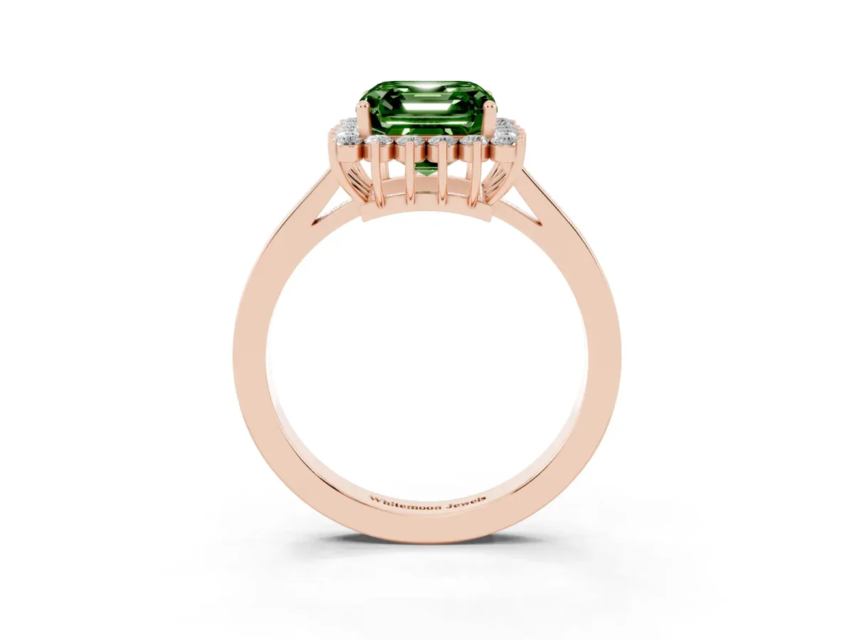 Fancy Green Asscher Cut Cut Diamond Halo Ring with Round Brilliant Halo and Solitaire Band Rose gold