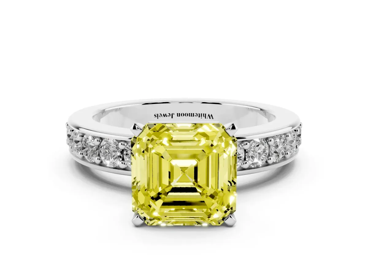 Fancy Yellow Asscher Cut Diamond Engagement Ring with Channel Set Round Band and Prong Setting White gold