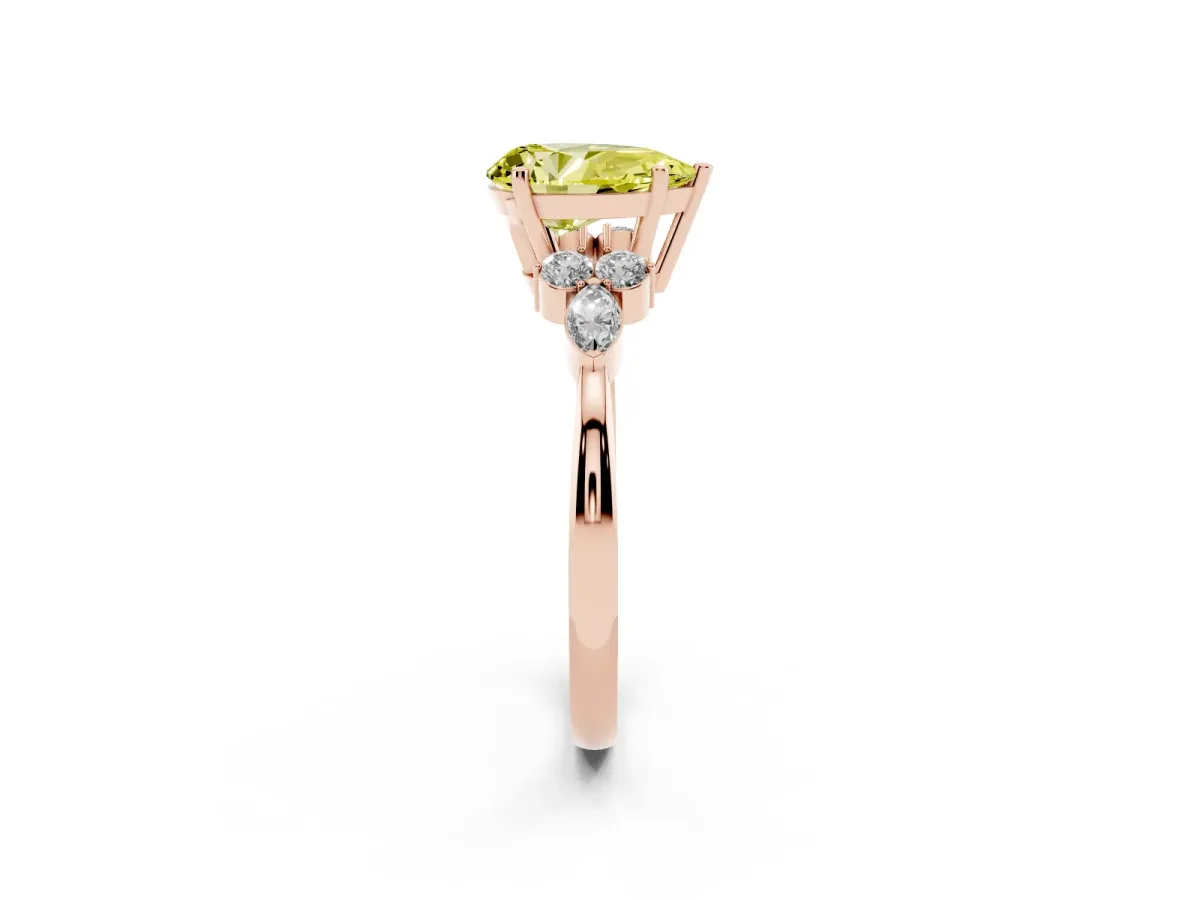 Fancy Yellow Pear Cut Brilliant Diamond Solitaire Ring with Pear Side Stones and Four-Prong Setting Rose gold