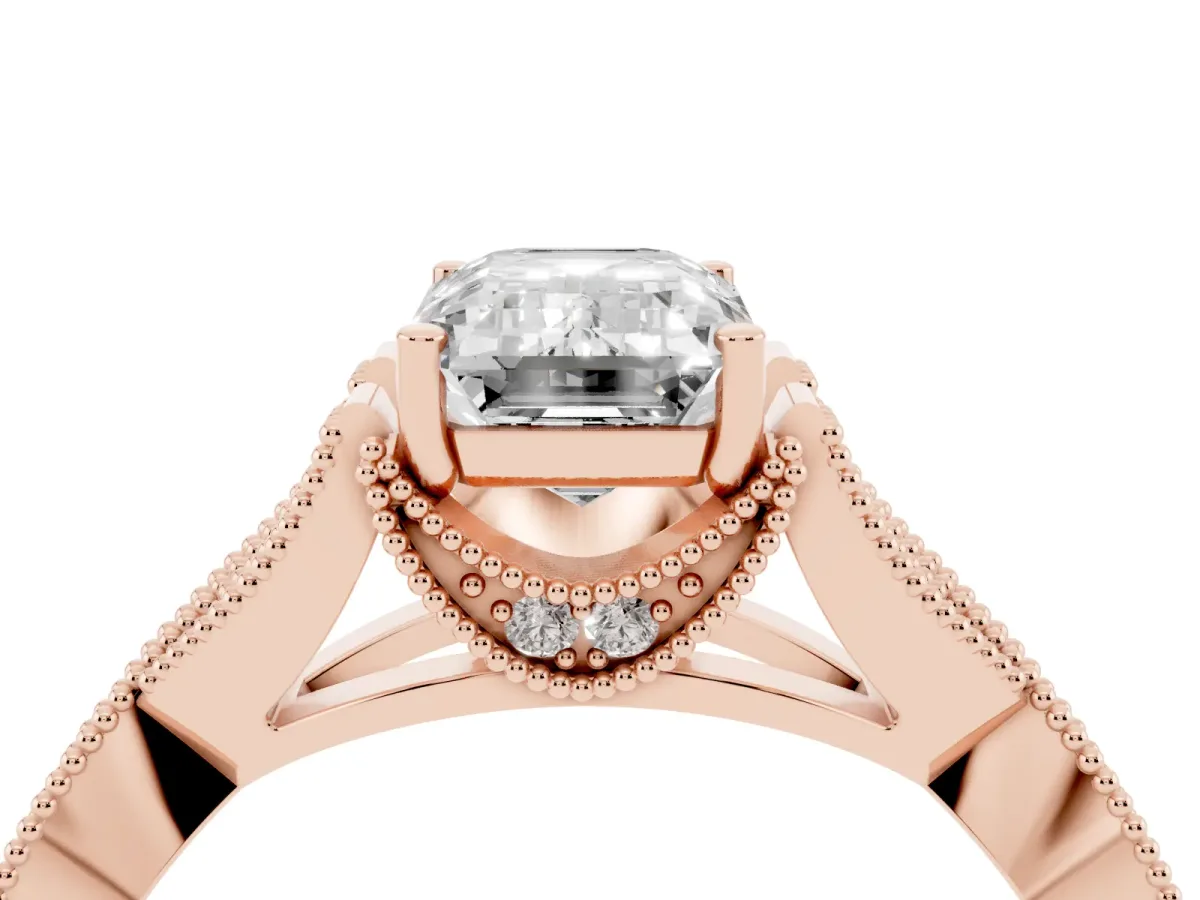Emerald Cut Cut Diamond Twisted Band with Milgrain Pave Setting and Four-Prong Setting Rose gold