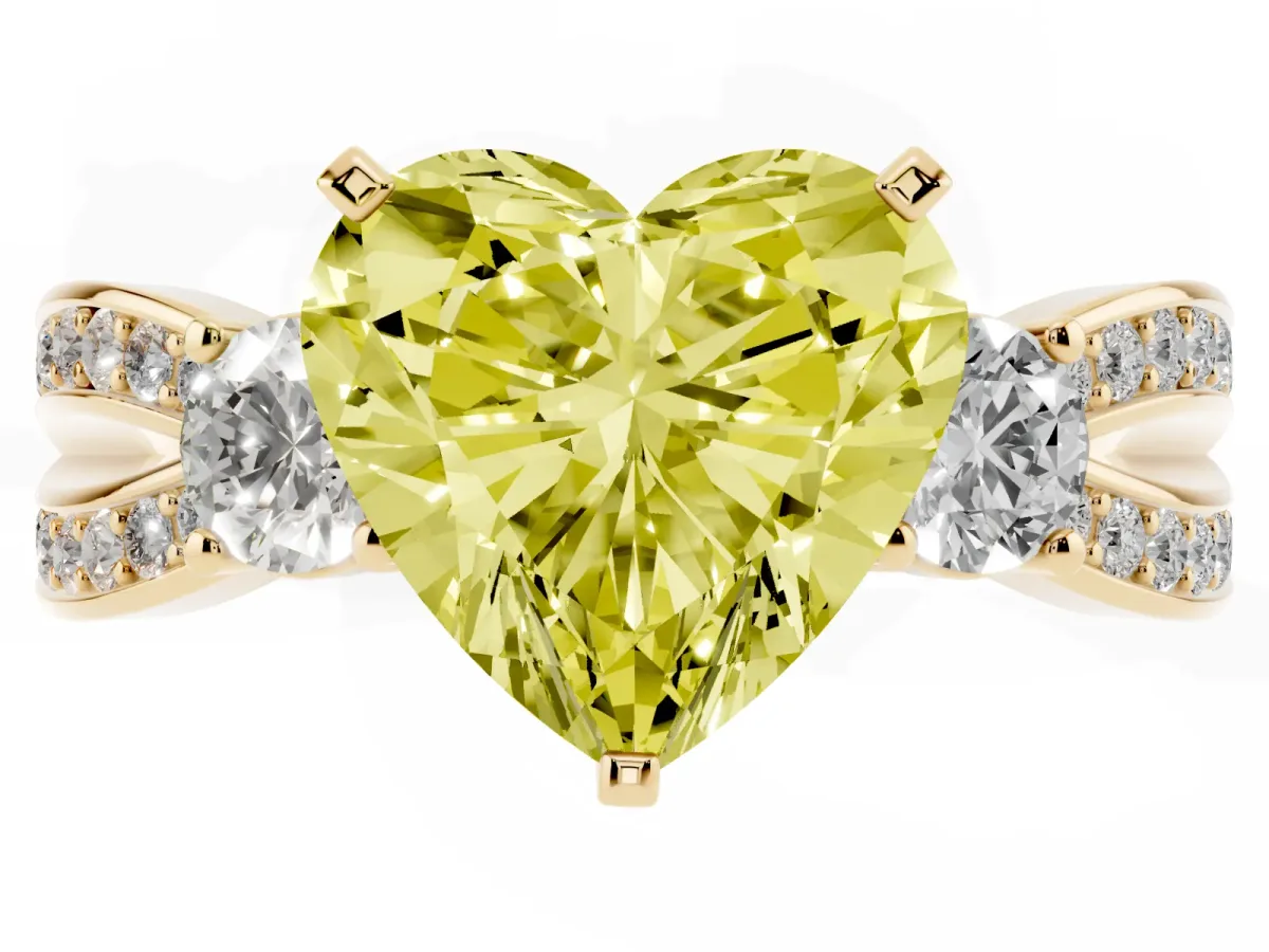 Fancy Yellow Three-Stone Heart Cut Cut Diamond Twist Band with Prong Setting Yellow gold